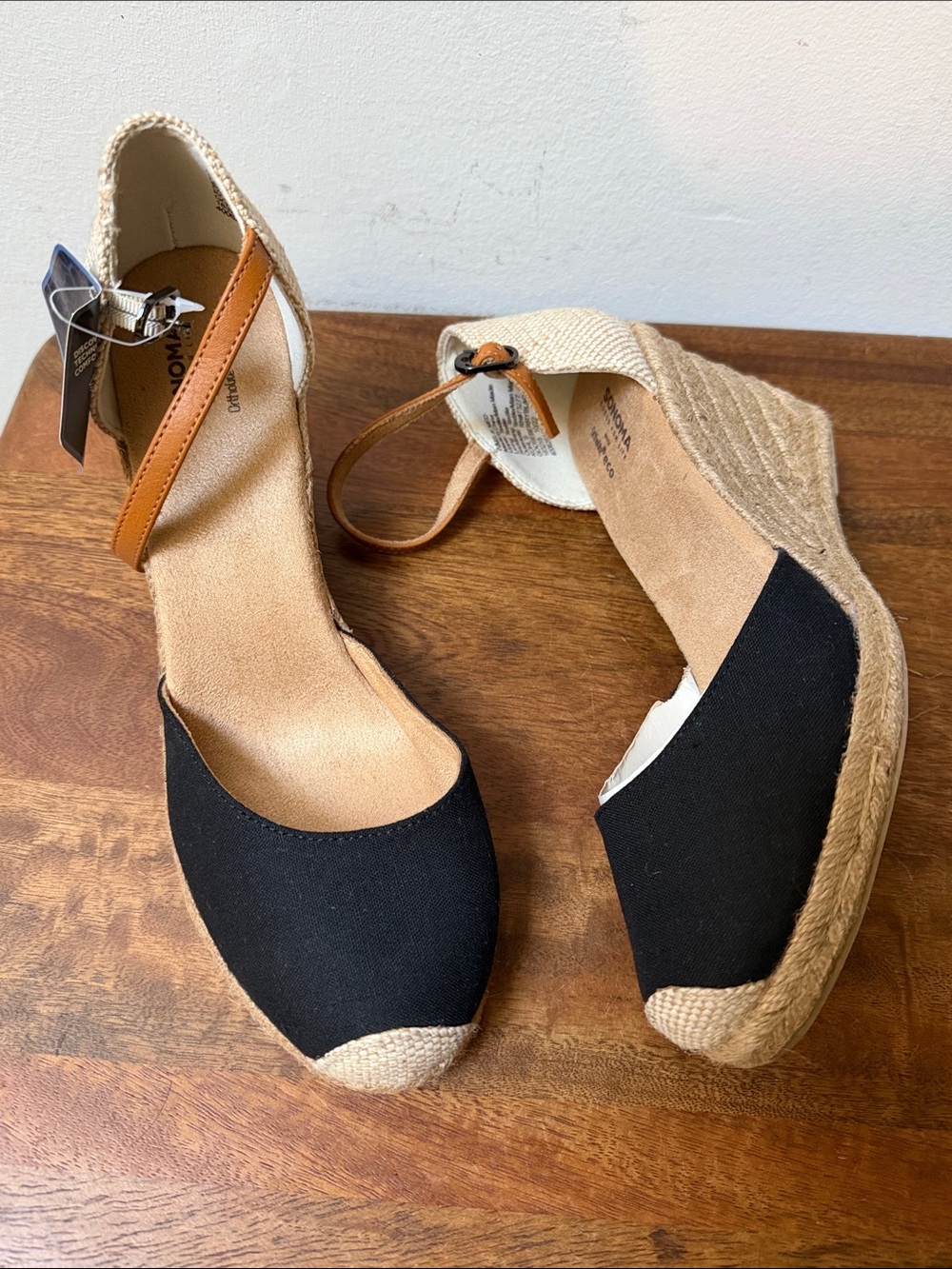Sonoma Black Canvas Espadrille Wedge Sandals with Tan Ankle Strap